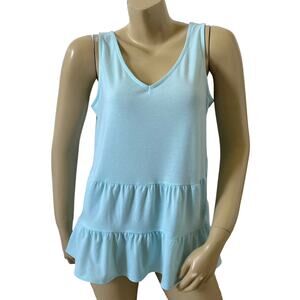 Stella Parker Blue Tiered Tank Top Womens Small Ruffle Hem Sleeveless Stretch